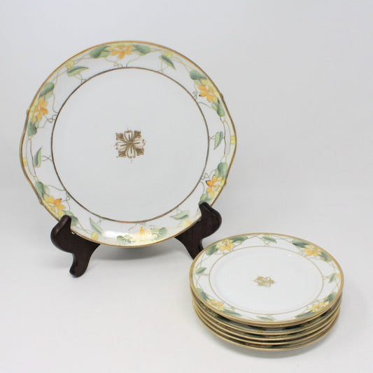 Antique Nippon Cake Serving Plate Set.  Cake Plate with 6 matching dessert plates.  Gold Oriental Moriage & Yellow Lotus Flowers, Hand Painted. Japan Antique: 1911 - 1921