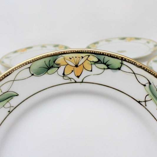 Cake Plate Serving Set, Nippon, Yellow Lotus Flowers, Hand Painted Moriage, Antique, 7 Pc Set.