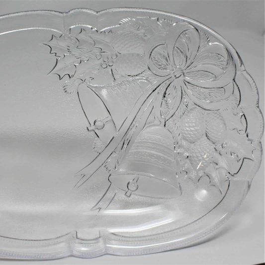 Platter, Mikasa, Holiday Bells, Embossed Glass, Oval, Vintage