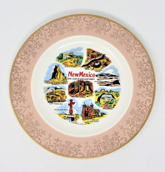 Vintage decorative souvenir state plate, New Mexico.  Mid Century landmarks wall plate.
