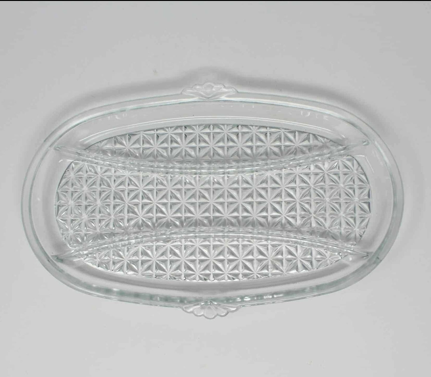 vintage oval glass tray, divided 3 sections