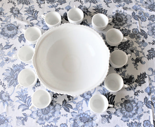 Punch Bowl Set: McKee / Thatcher, Concord, Milk Glass, 12 Pieces, Jeannette PA USA, Vintage 1950s - SOLD