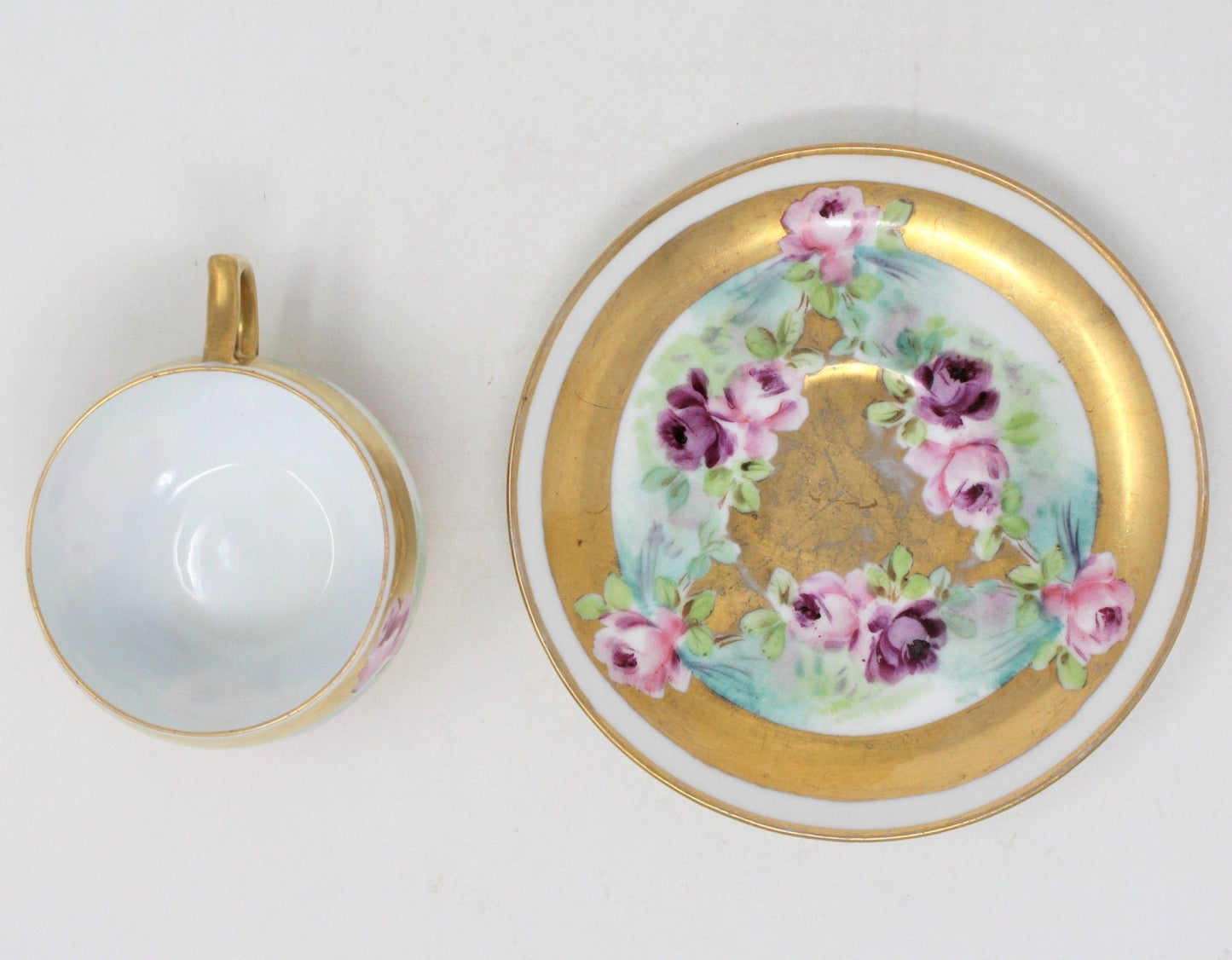 Teacup and Saucer, Pickard / Rosenthal Hand Painted, Heavy Gold, Pink Roses, Antique