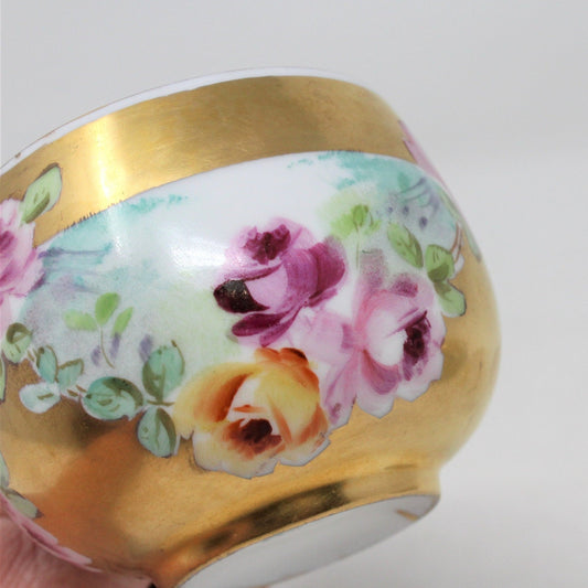Teacup and Saucer, Pickard / Rosenthal Hand Painted, Heavy Gold, Pink Roses, Antique