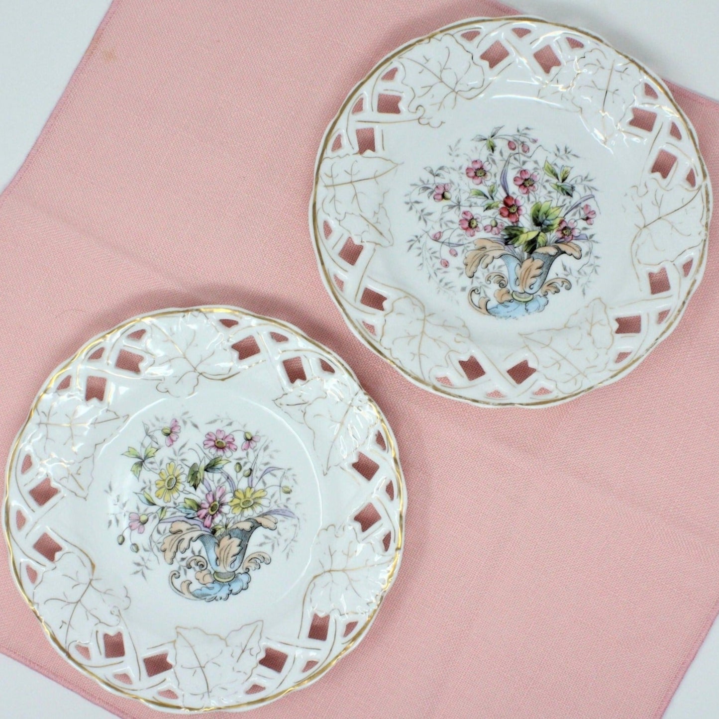 Decorative Plates, Old Paris, Hand Painted Florals, Reticulated, Set of 2, Antique