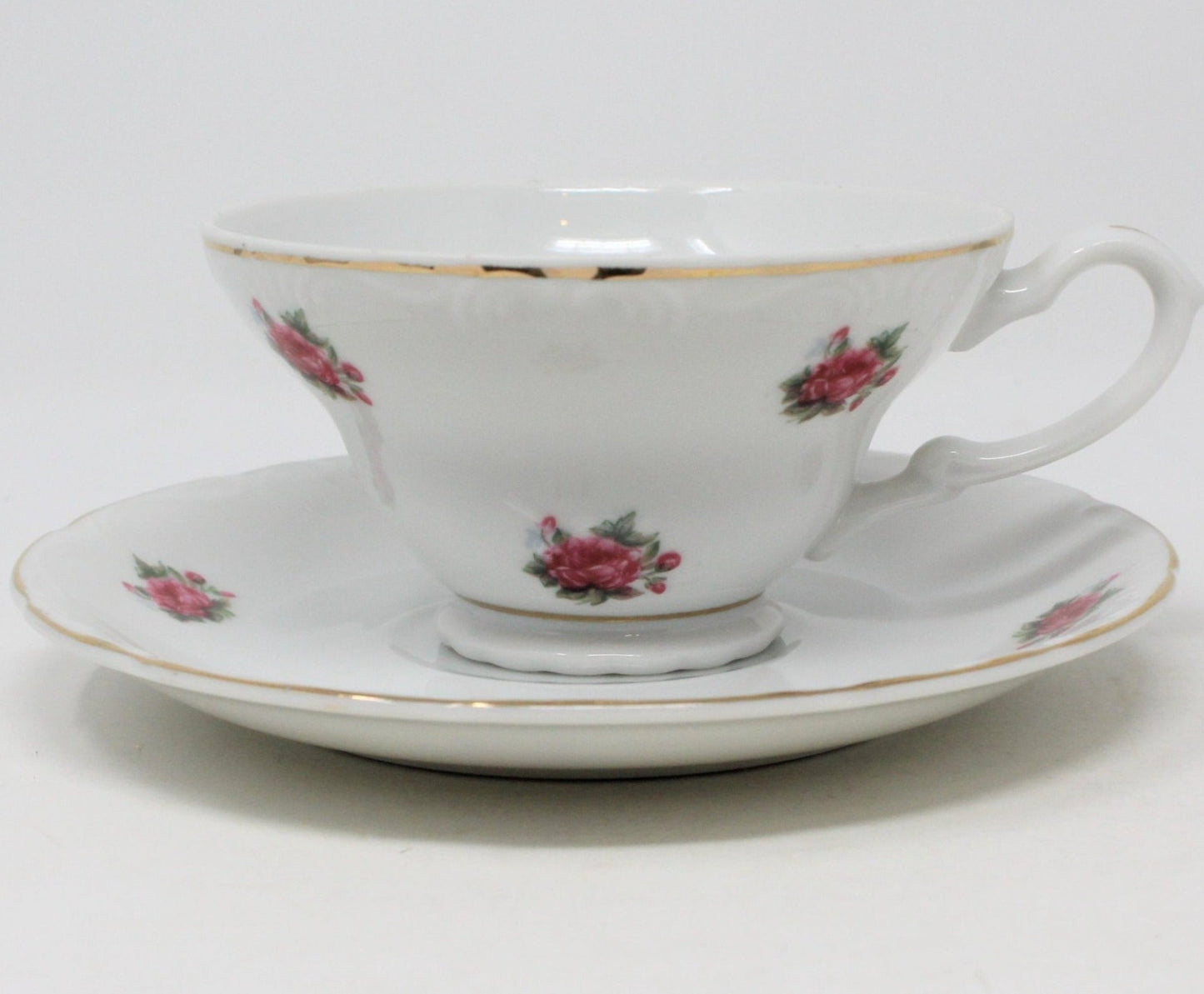 Teacup and Saucer, Pink Roses, Footed, Vintage Japan Imports