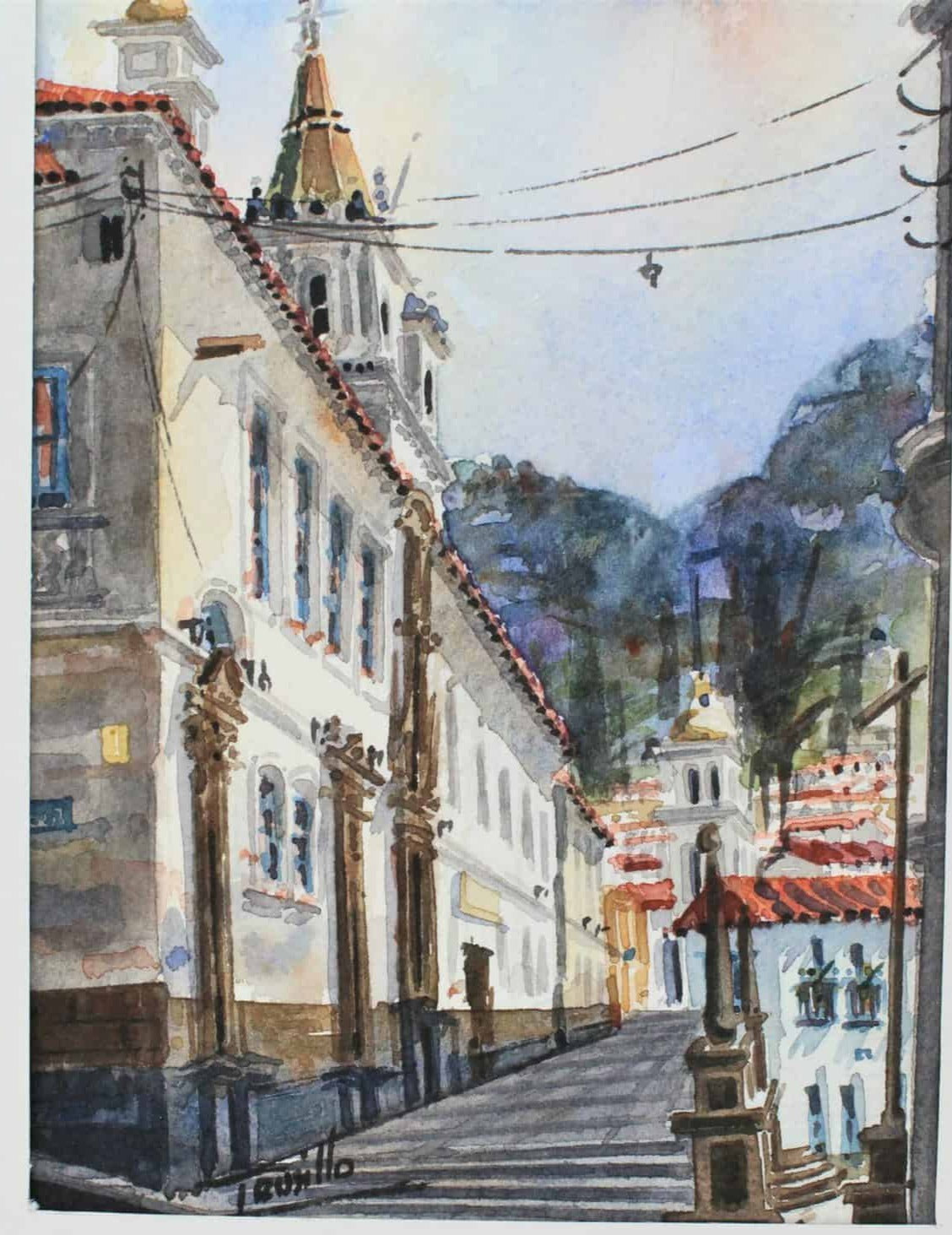 Painting Original Watercolor, Trujillo, Old Town #2, Signed by Artist, Framed, Vintage