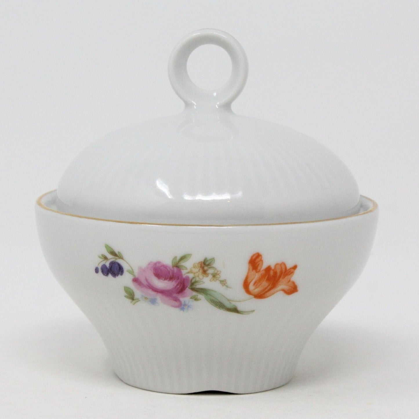 White German ceramic vintage sugar bowl with floral design featuring roses and tulips, with finial on lid.