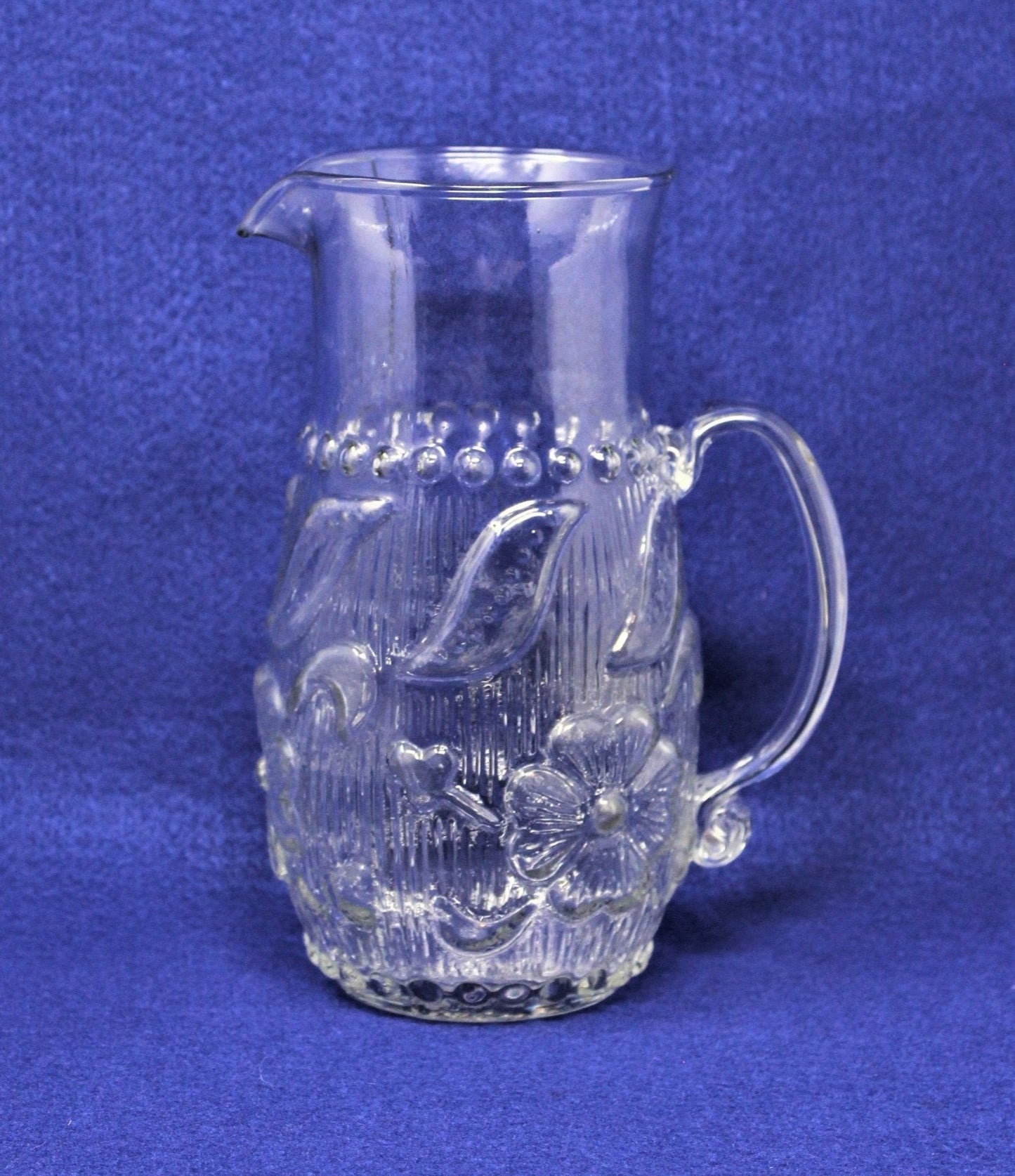 Pitcher, Antique EAPG, Three Mold Blown Glass, Floral and Ribs, USA