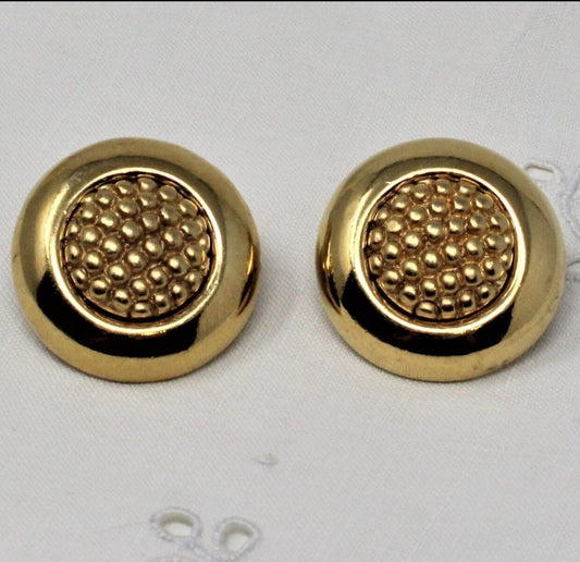 Earrings, Monet, Round Dotted Center, Gold Tone Clips, Vintage