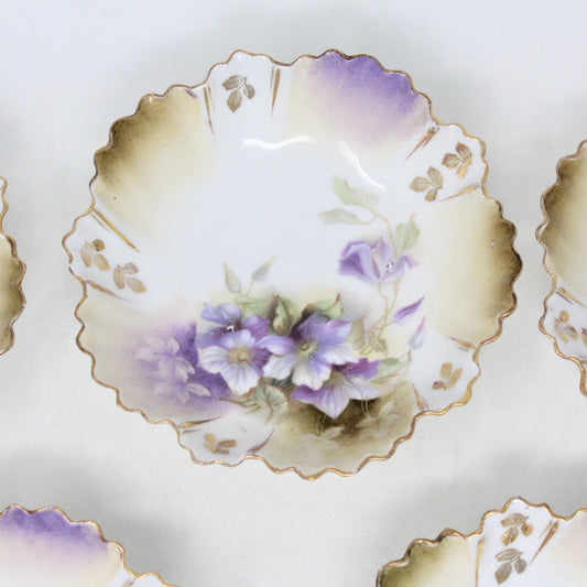 Fruit / Dessert Bowls, RS Prussia, Purple Flowers, Set of 5, German Antique