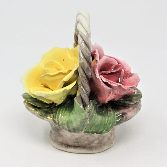 Capodimonte roses basket, two roses yellow and pink