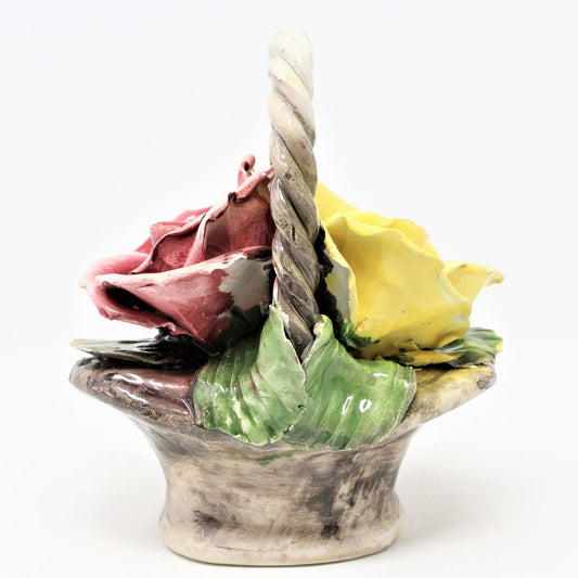 Capodimonte Roses basket, two roses, one yellow one pink.