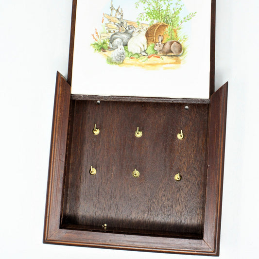 Key Holder / Cabinet, Country Bunnies Tile, Wood, Vintage