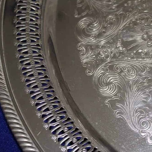 Tray, Wm Rogers, Silverplate, Spring Flower 172, Reticulated & Etched, 15" Round, Vintage