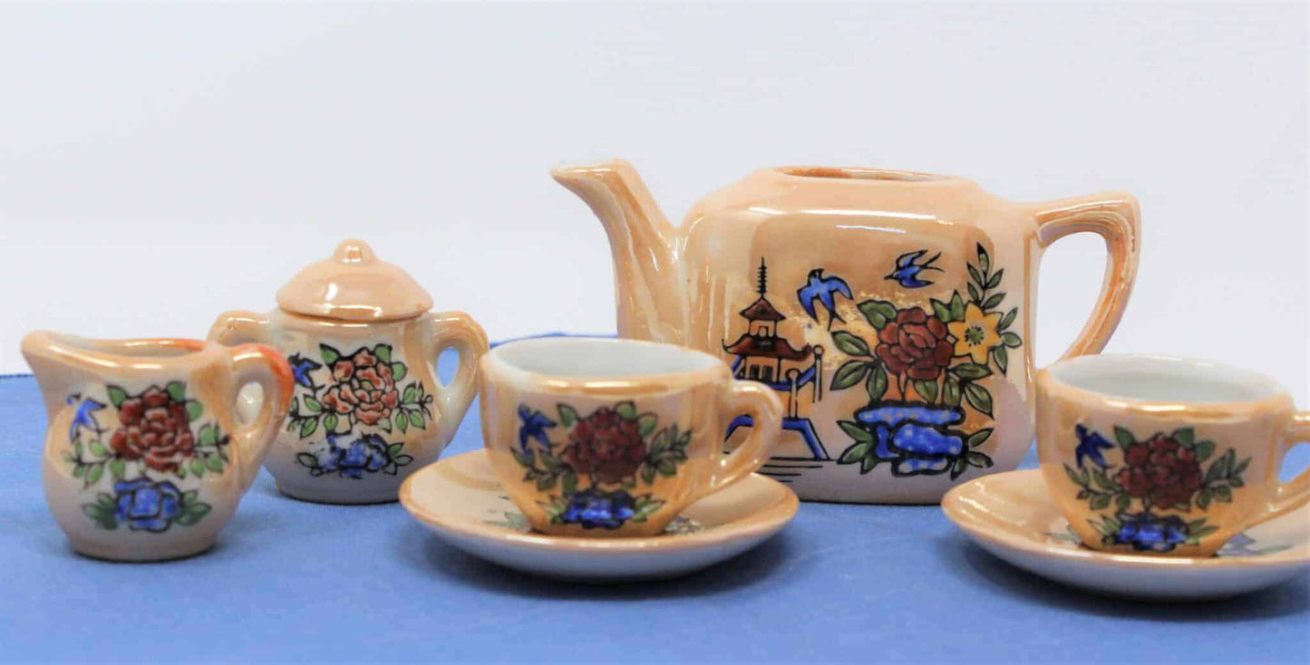 Children's Tea Set, Lusterware Floral, in Box, Japan, Vintage