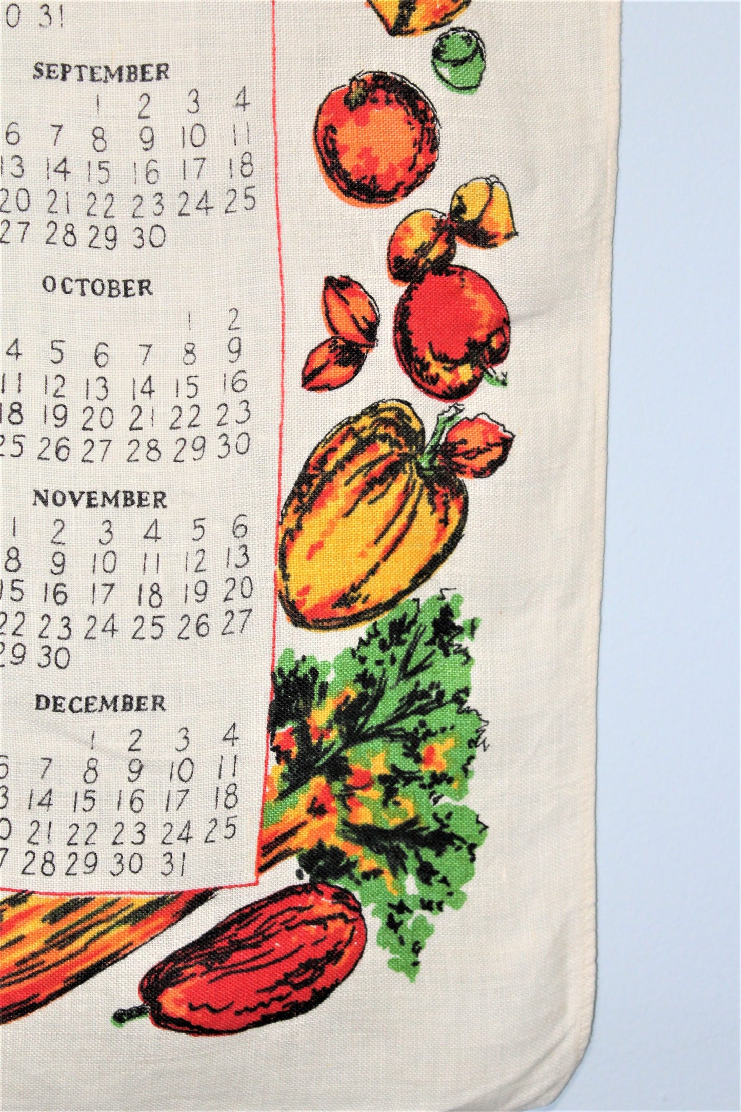 Calendar Tea Towel, 1971, Yours is the Earth..., Fruits & Vegetables, Vintage Linen, SOLD