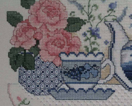 Needlework, Completed Cross-Stitch, Tea Time, Framed, Vintage, SOLD