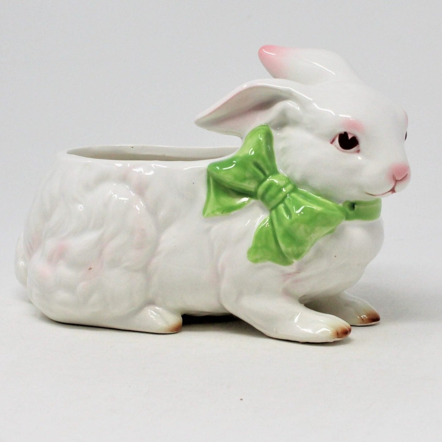 Planter, Bunny Rabbit with Bow, Ceramic, White Bunny, Vintage
