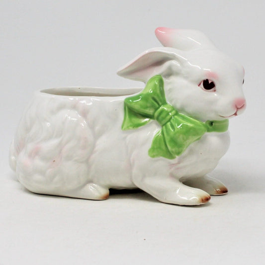 Planter, Bunny Rabbit with Bow, Ceramic, White Bunny, Vintage