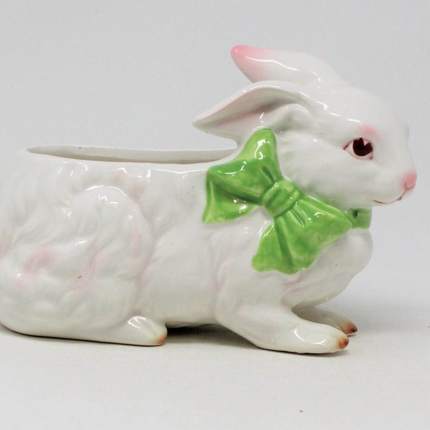 Planter, Bunny Rabbit with Bow, Ceramic, White Bunny, Vintage
