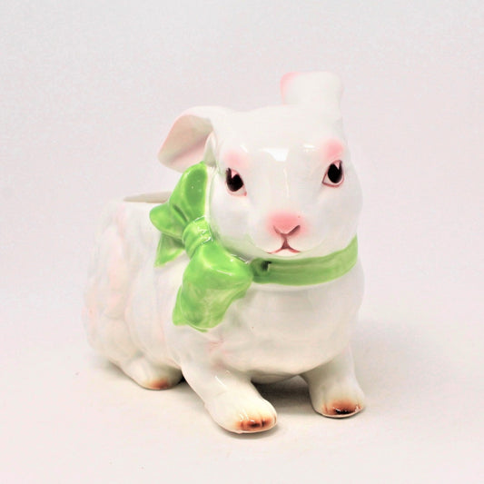 Planter, Bunny Rabbit with Bow, Ceramic, White Bunny, Vintage
