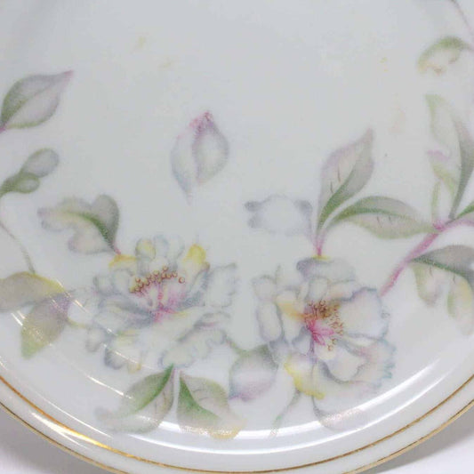 Appetizer Plates, Meito China, Springtime, Gold Rim Ivory Porcelain, Set of 7 + Bonus Bowl, Vintage Japan, 1980s–90s