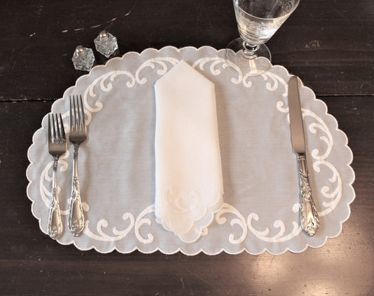 Placemats and Napkins Set, White Organza, 14 Pcs, Vintage Linens