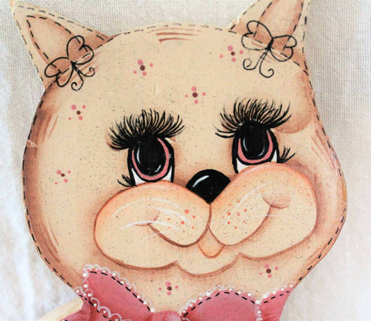Cat, Wooden Cat Cutout, Hand Painted, Pink Girl Cat, Vintage 11"