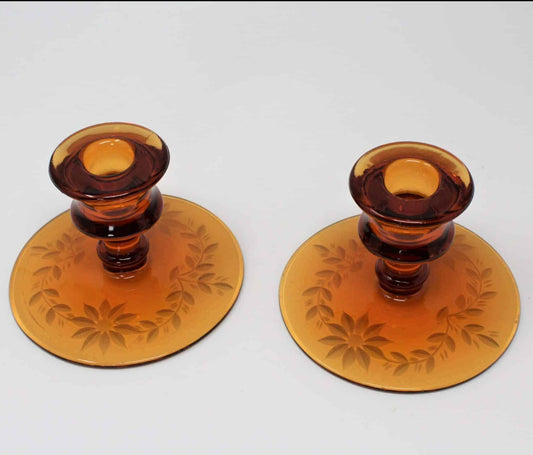 Candle Holders, Cambridge, Amber Etched Floral, Set of 2, Vintage