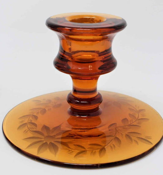 Candle Holders, Cambridge, Amber Etched Floral, Set of 2, Vintage