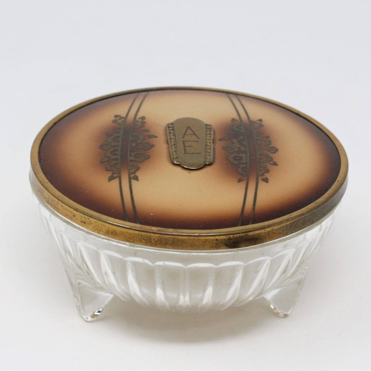 Vanity Jar, Art Deco Glass Footed Jar with Lacquer Lid, Antique