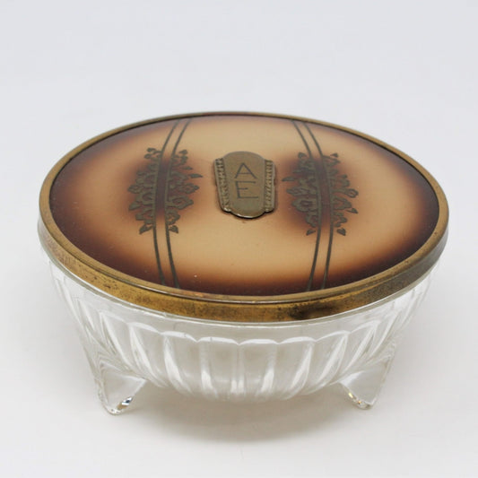 Vanity Jar, Art Deco Glass Footed Jar with Lacquer Lid, Antique