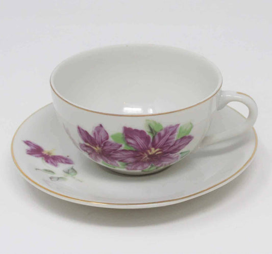Teacup and Saucer, Purple Orchids, Floral, Japan, Vintage
