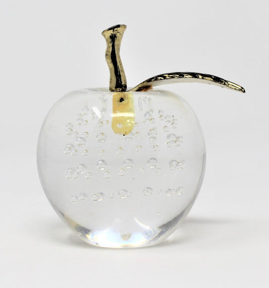 Paperweight, Silvestri Bubble Glass Apple, Brass Leaf, Taiwan, Vintage