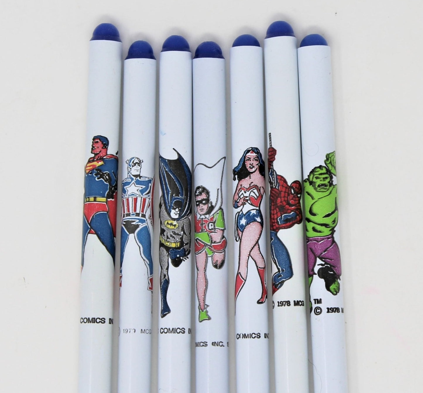 Pens, Super Hero, DC & Marvel Comics, Set of 8, Superman, Wonder Woman, Spiderman +, Vintage NOS