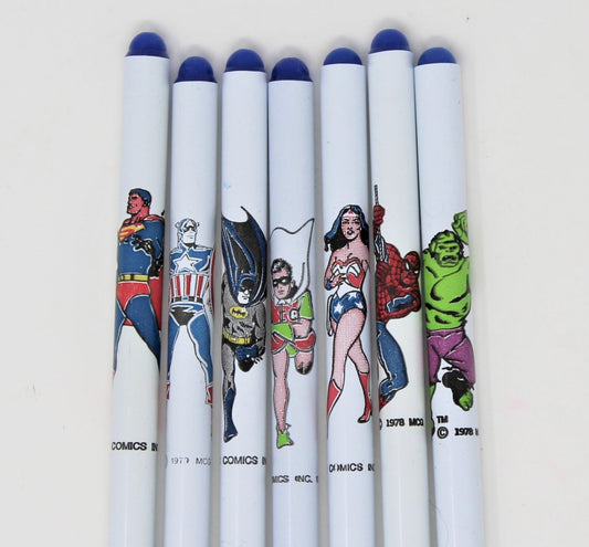 Pens, Super Hero, DC & Marvel Comics, Set of 8, Superman, Wonder Woman, Spiderman +, Vintage NOS