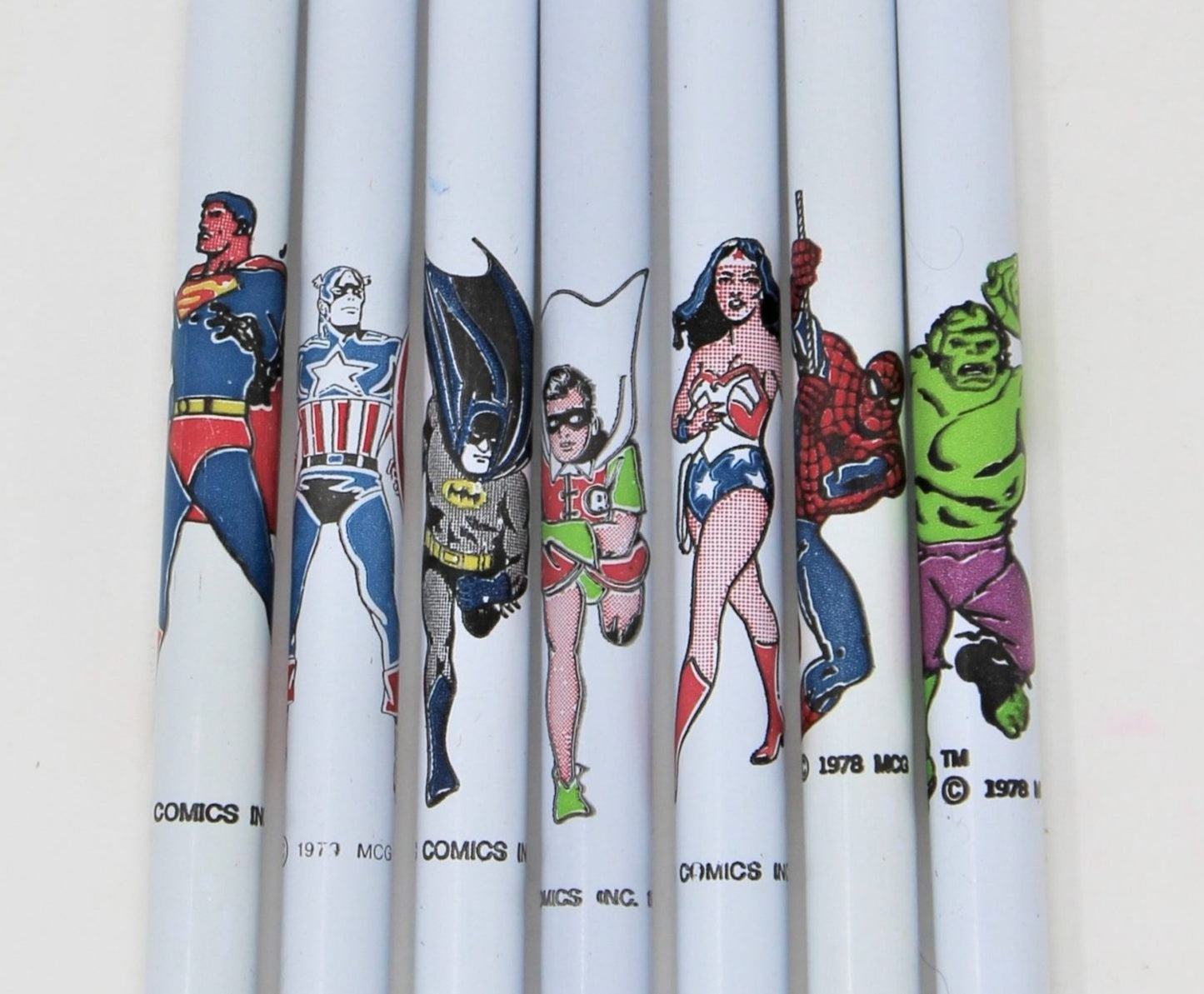 Pens, Super Hero, DC & Marvel Comics, Set of 8, Superman, Wonder Woman, Spiderman +, Vintage NOS