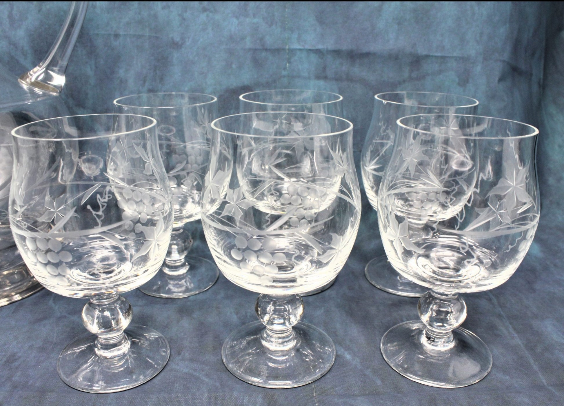 6 stemmed etched glasses from Romania