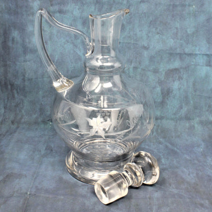 etched glass decanter with handle and stopper from Romania