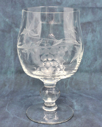 Decanter & Glasses, Cut / Etched Grapes & Leaves, Set of 7, Romania, Vintage