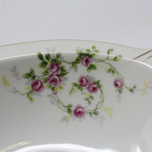 Serving Bowl, Oval Ceramic, Pink Roses, Vintage Japan