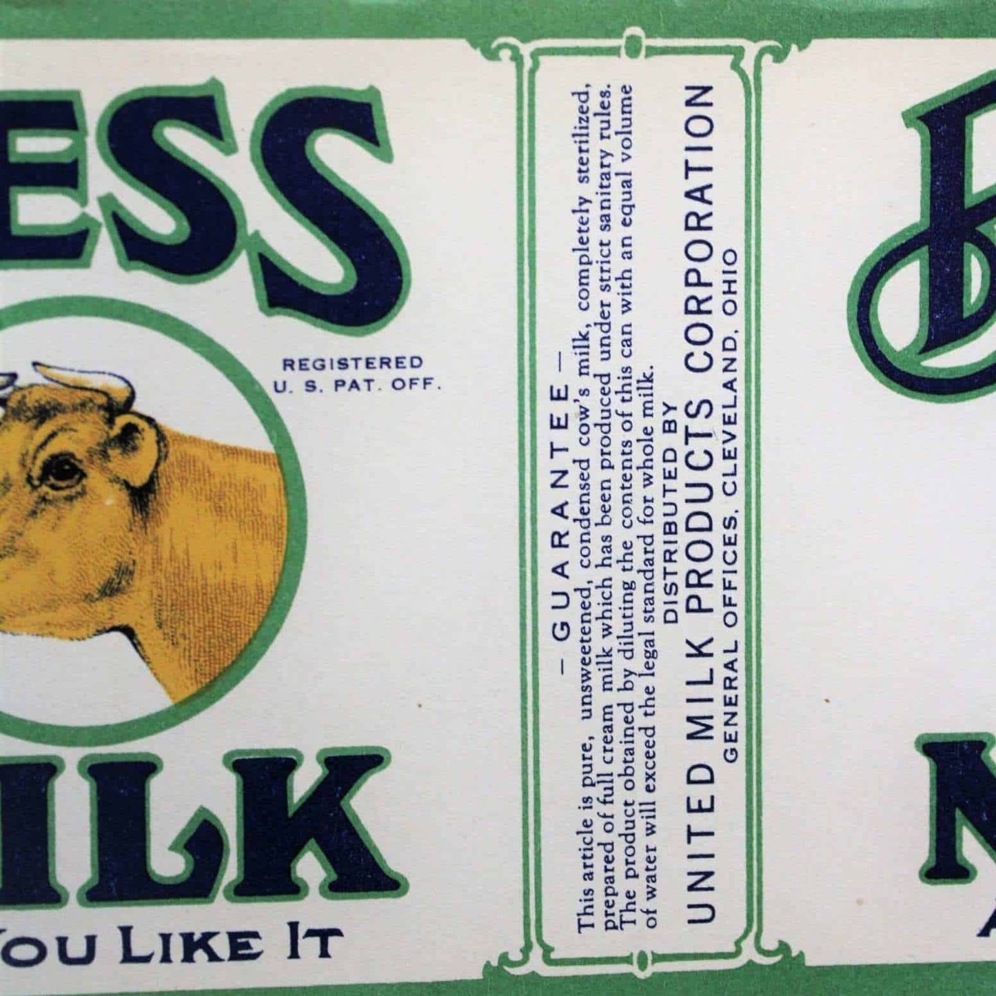 Can Label, Bess Milk, Original NOS Lithograph, Antique 1910's