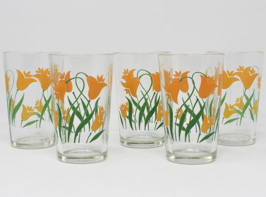 Juice Glasses, Swanky Swigs, Yellow Bellflower, Set of 5, Vintage, SOLD