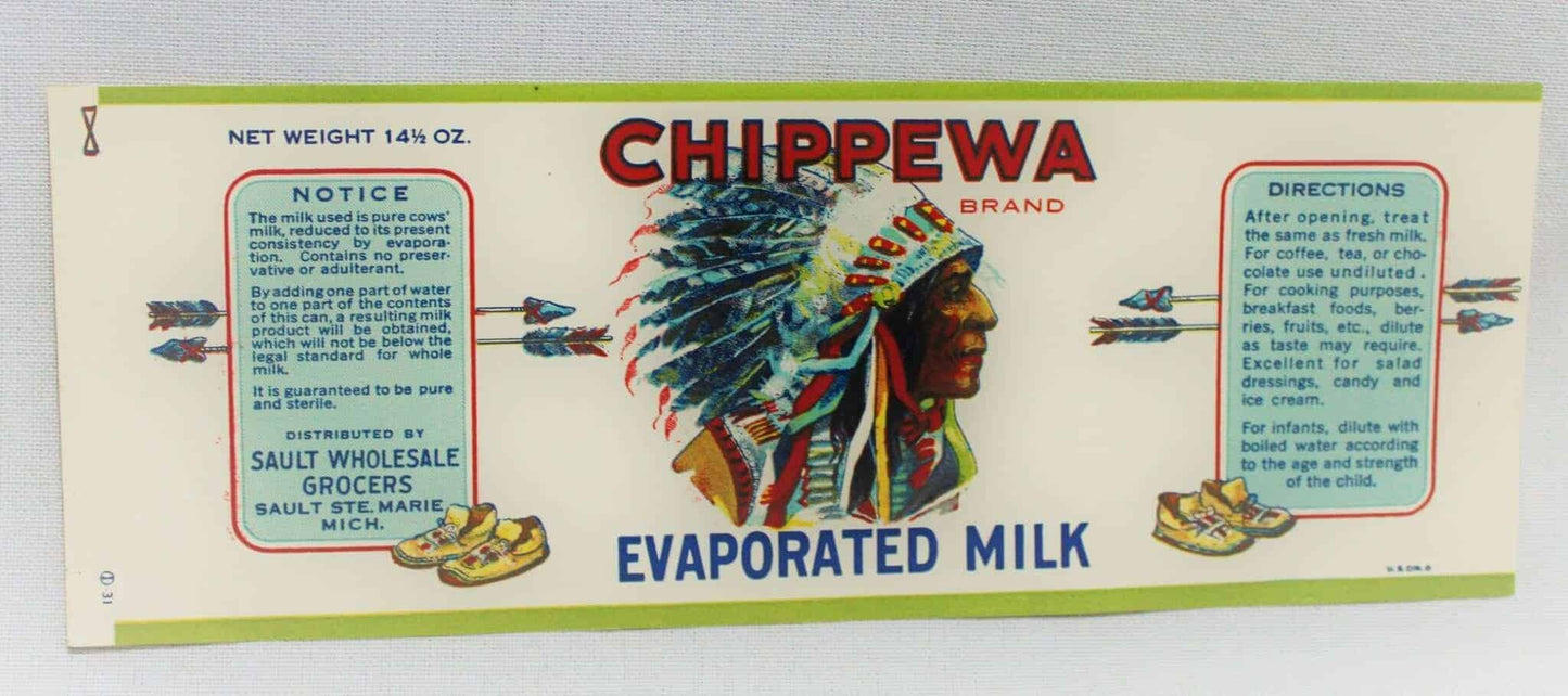 Can Label, Chippewa Brand Evaporated Milk, Original NOS Lithograph, Vintage
