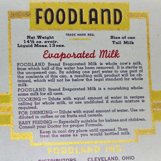 Can Label, Foodland Evaporated Milk, Original NOS Lithograph, Antique