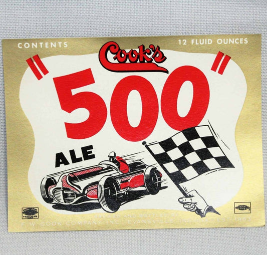 Beer Label, Cook's 500 Ale, Original Circa 1950's NOS