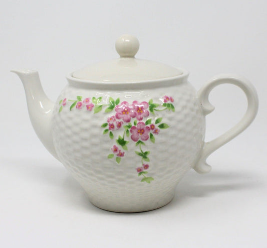 Teapot, Teleflora, Basket Weave & Pink Flowers, Japan, Vintage
