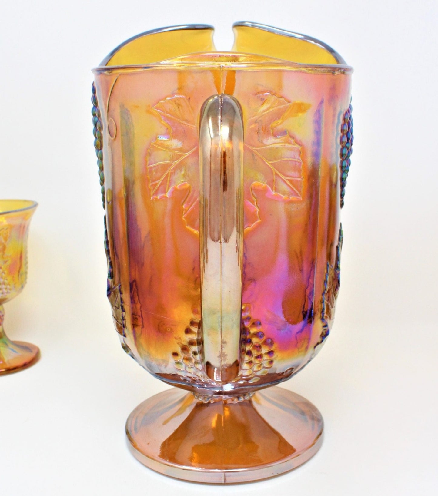 Pitcher & Glasses, Indiana Glass, Harvest Carnival Amber, Iridescent Gold, Set of 9, Vintage