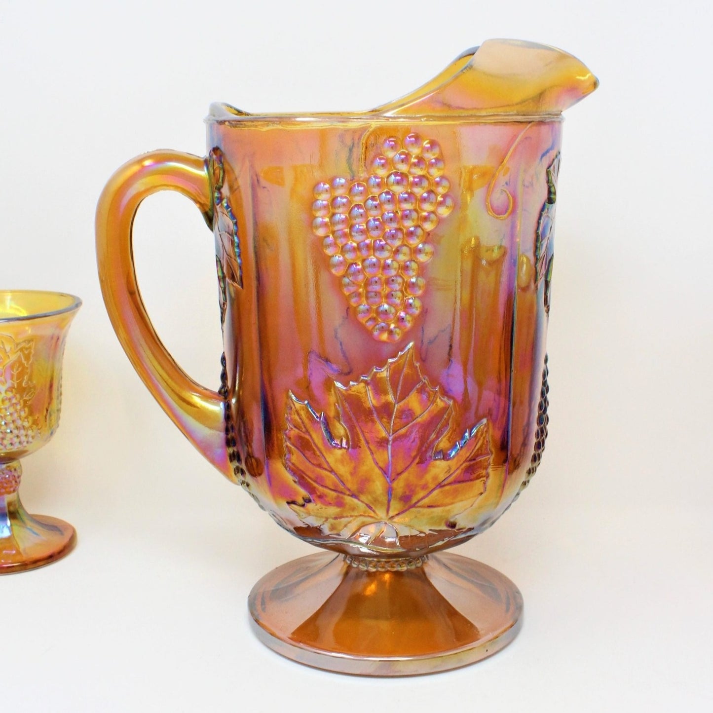 Pitcher & Glasses, Indiana Glass, Harvest Carnival Amber, Iridescent Gold, Set of 9, Vintage